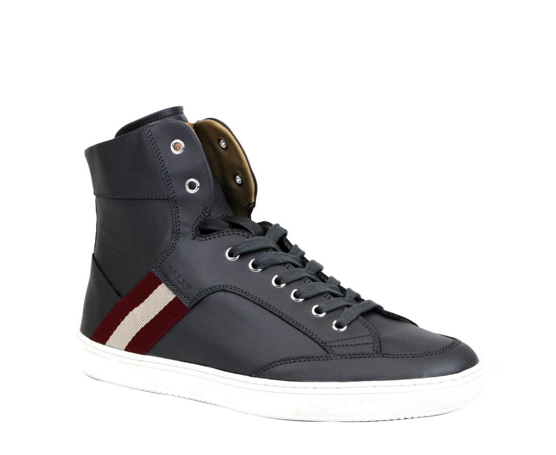 Bally Dark Grey Red Beige Stripe Leather High Top Sneakers