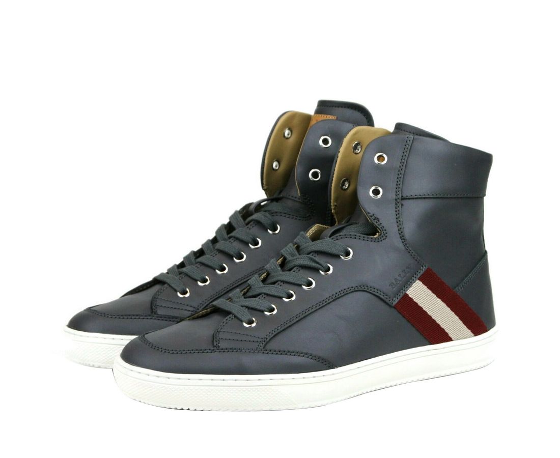 Bally Dark Grey Red Beige Stripe Leather High Top Sneakers