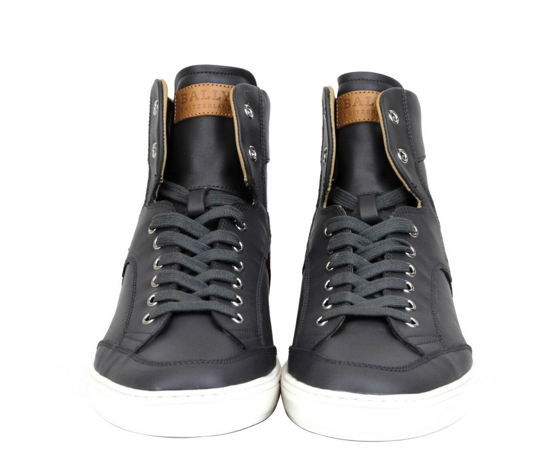 Bally Dark Grey Red Beige Stripe Leather High Top Sneakers