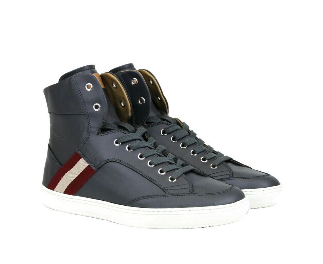 Bally Dark Grey Red Beige Stripe Leather High Top Sneakers