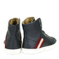 Bally Dark Grey Red Beige Stripe Leather High Top Sneakers