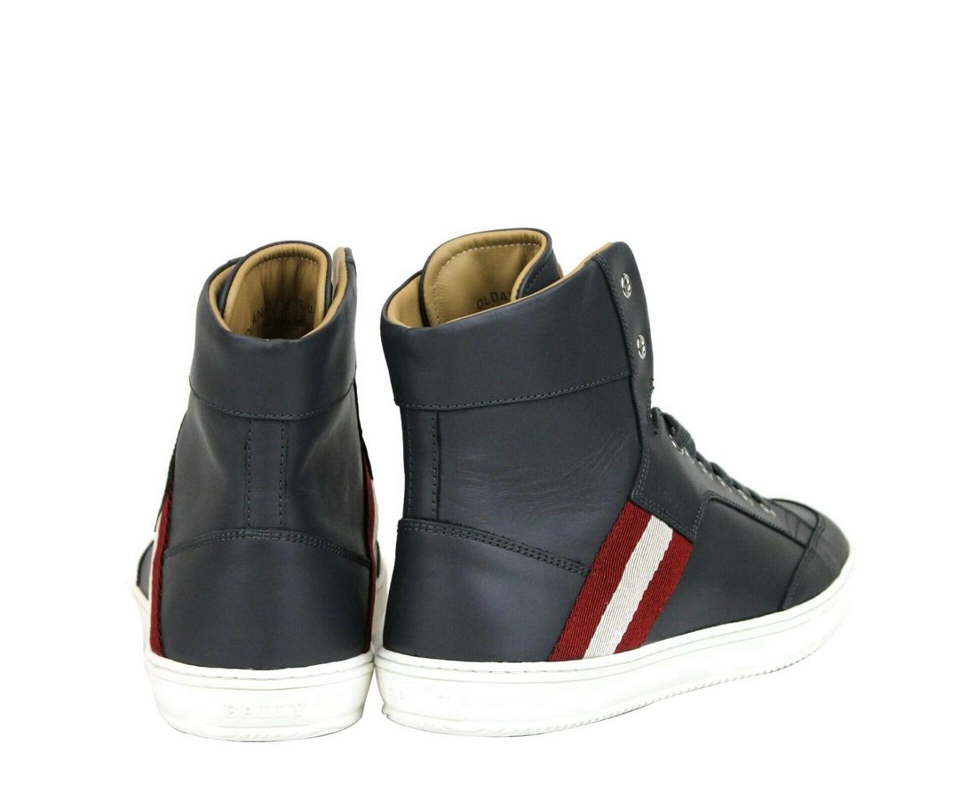 Bally Dark Grey Red Beige Stripe Leather High Top Sneakers