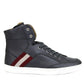 Bally Dark Grey Red Beige Stripe Leather High Top Sneakers