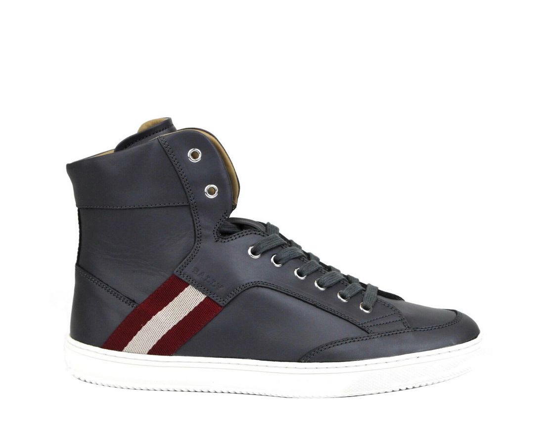 Bally Dark Grey Red Beige Stripe Leather High Top Sneakers