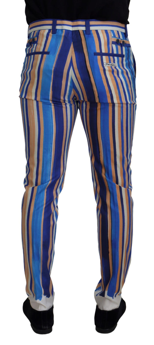 Dolce & Gabbana Blue Striped Silk Cotton Slim Trousers Pants