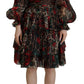 Dolce & Gabbana Brown Leopard Roses Silk Ruffled A-Line Dress