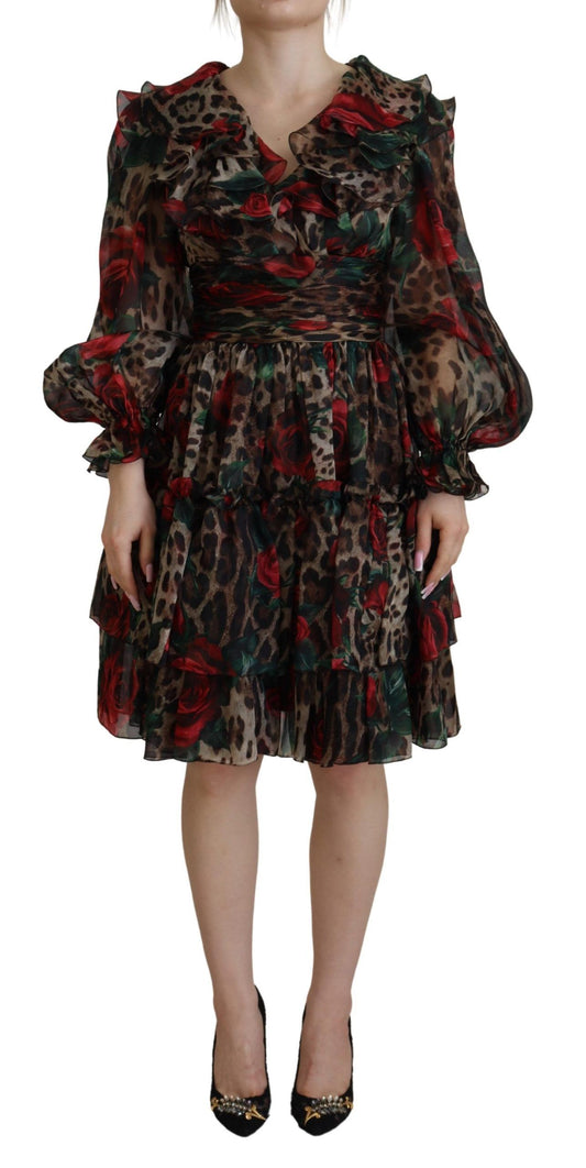 Dolce & Gabbana Brown Leopard Roses Silk Ruffled A-Line Dress