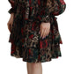 Dolce & Gabbana Brown Leopard Roses Silk Ruffled A-Line Dress