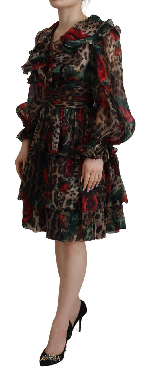 Dolce & Gabbana Brown Leopard Roses Silk Ruffled A-Line Dress