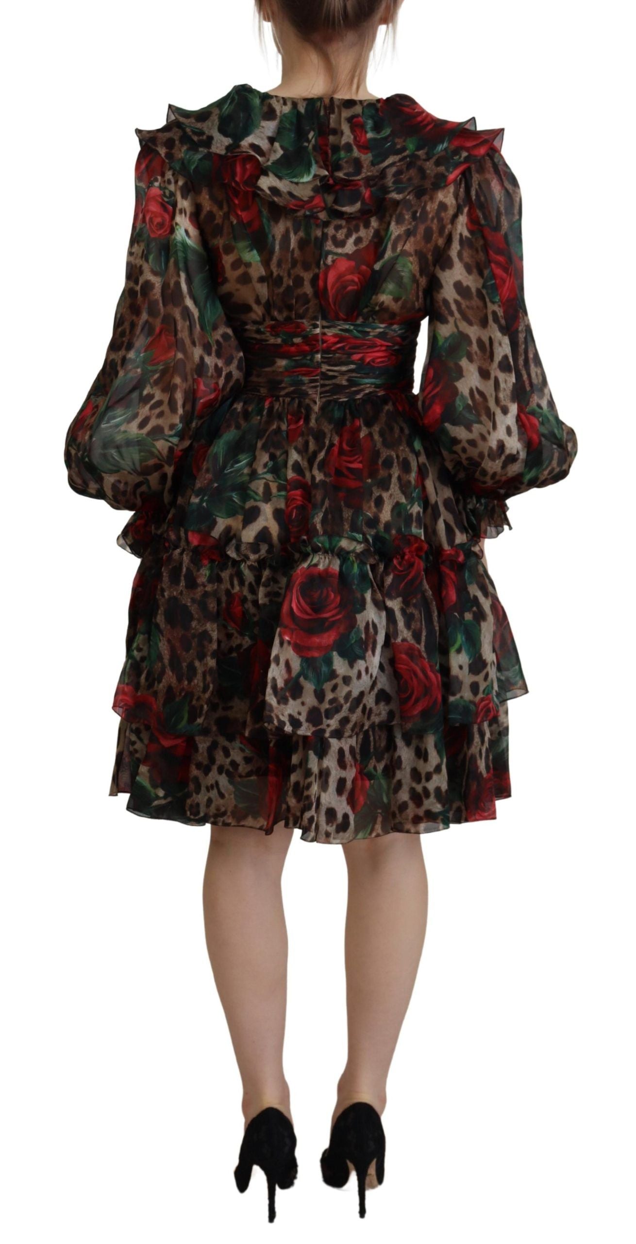 Dolce & Gabbana Brown Leopard Roses Silk Ruffled A-Line Dress