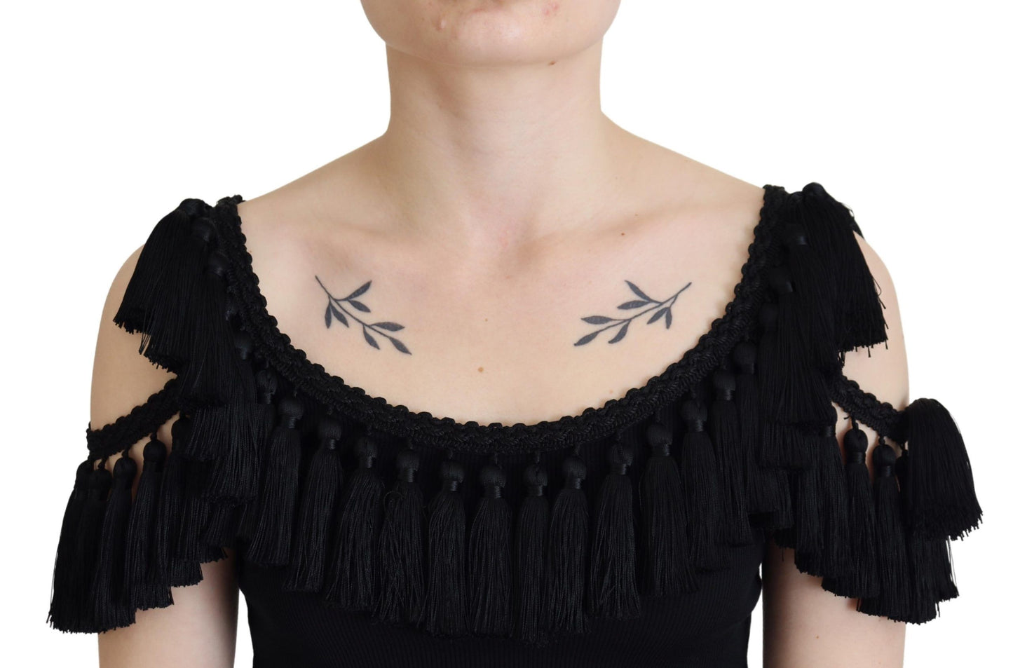 Dolce & Gabbana Black Tassel Open Shoulder Blouse