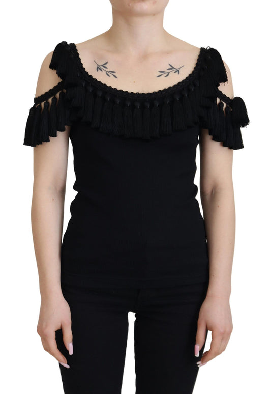 Dolce & Gabbana Black Tassel Open Shoulder Blouse