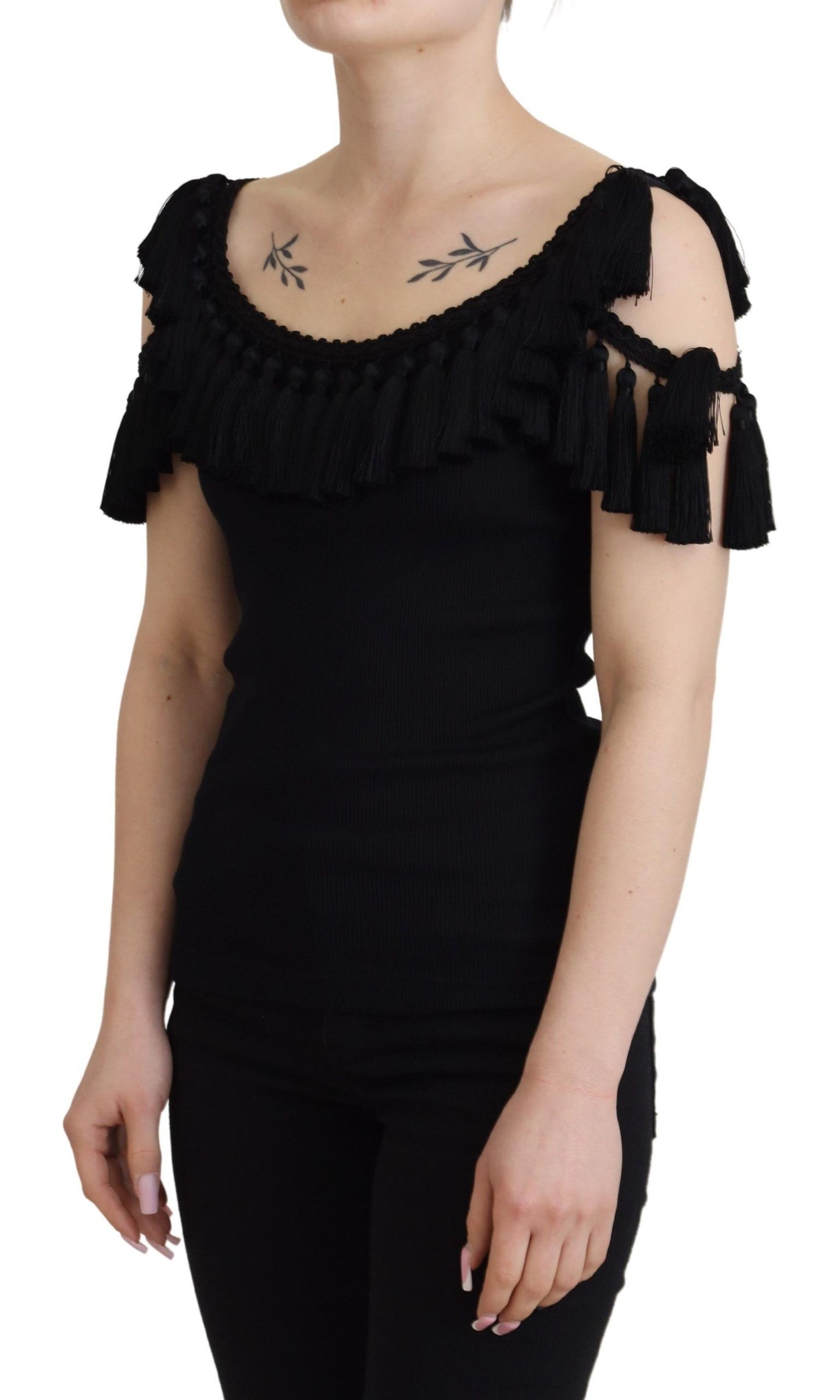 Dolce & Gabbana Black Tassel Open Shoulder Blouse