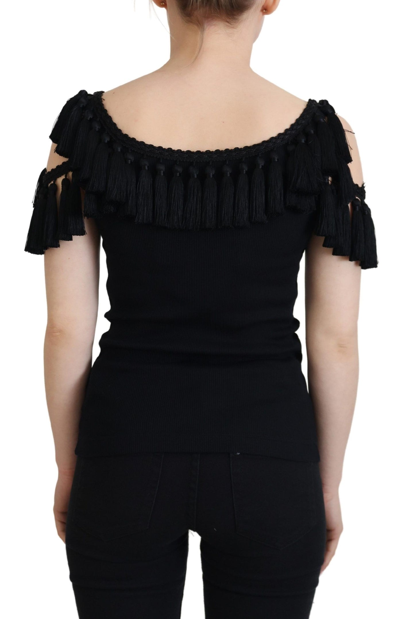 Dolce & Gabbana Black Tassel Open Shoulder Blouse