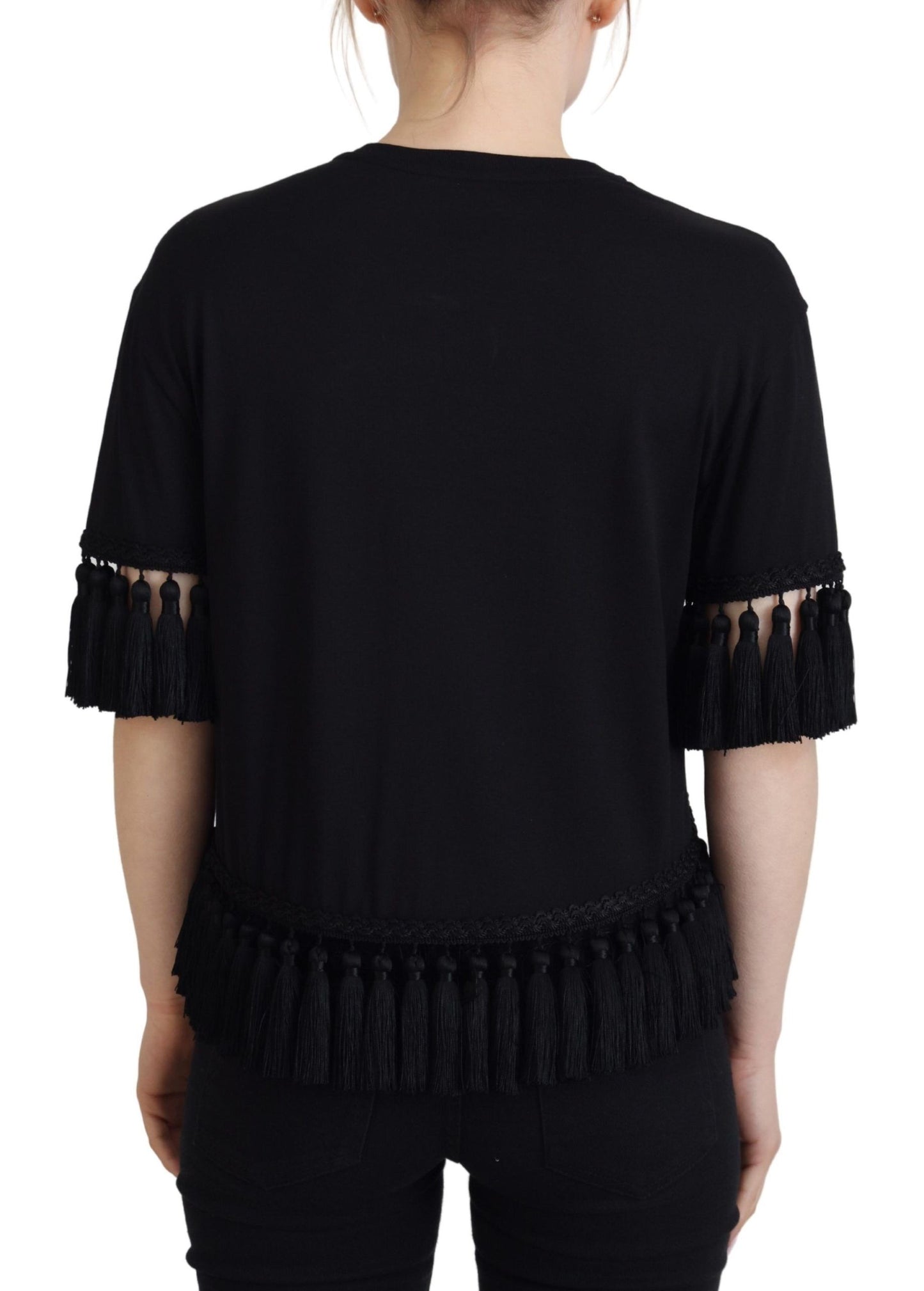 Dolce & Gabbana Black T-shirt Blouse Tassle Cotton Blouse