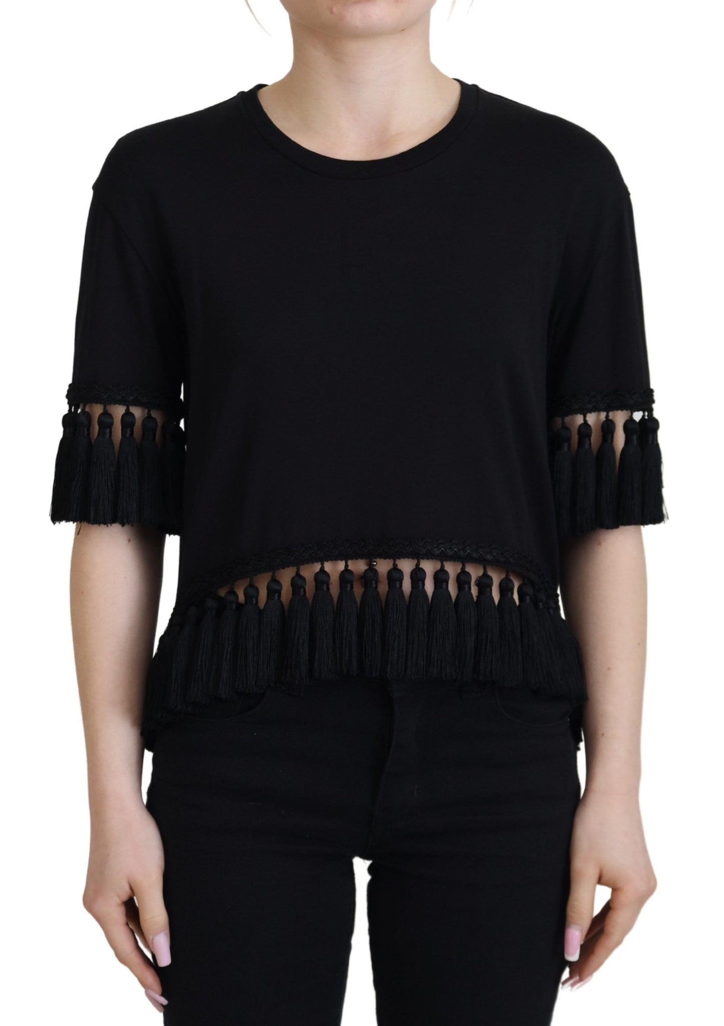 Dolce & Gabbana Black T-shirt Blouse Tassle Cotton Blouse