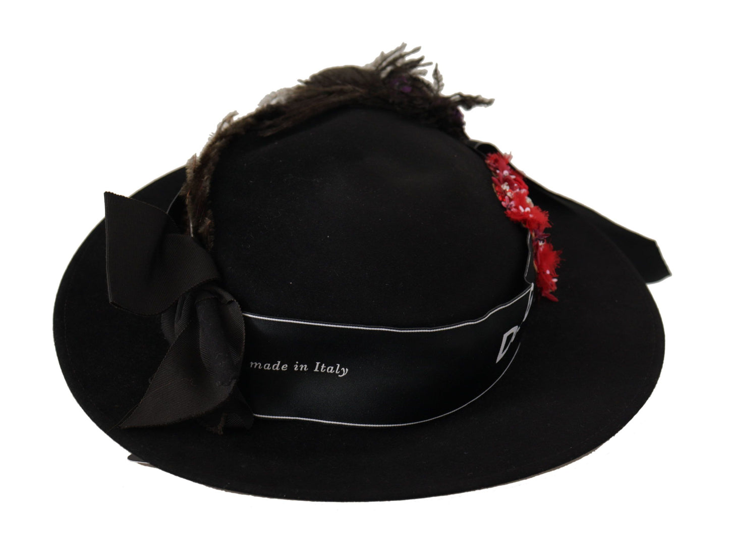 Dolce & Gabbana Black Lapil Crystal Heart Feather Brooch Fedora Hat