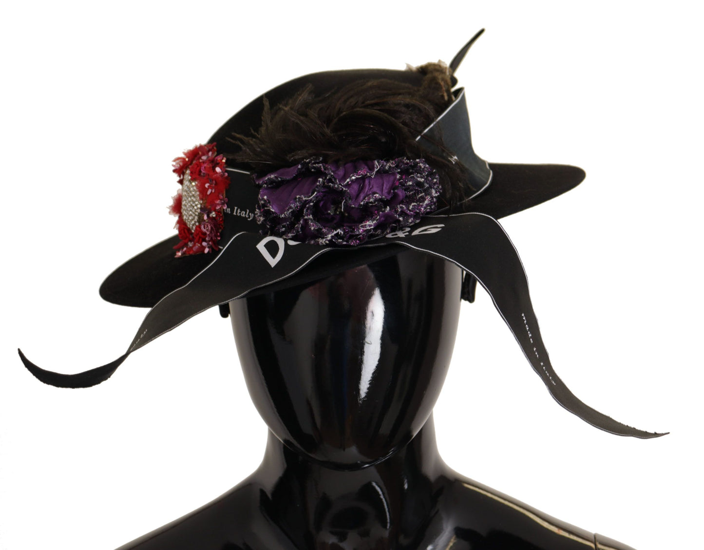 Dolce & Gabbana Black Lapil Crystal Heart Feather Brooch Fedora Hat