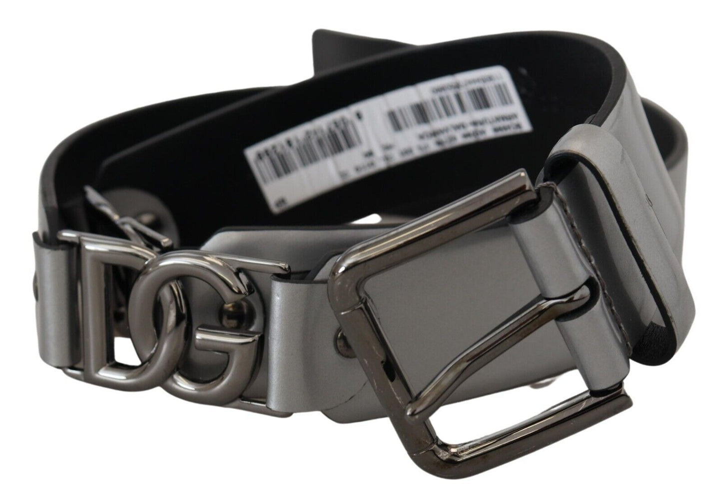 Dolce & Gabbana Metallic Silver Leather DG Logo Metal Buckle Belt