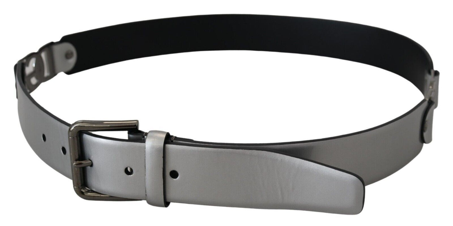 Dolce & Gabbana Metallic Silver Leather DG Logo Metal Buckle Belt