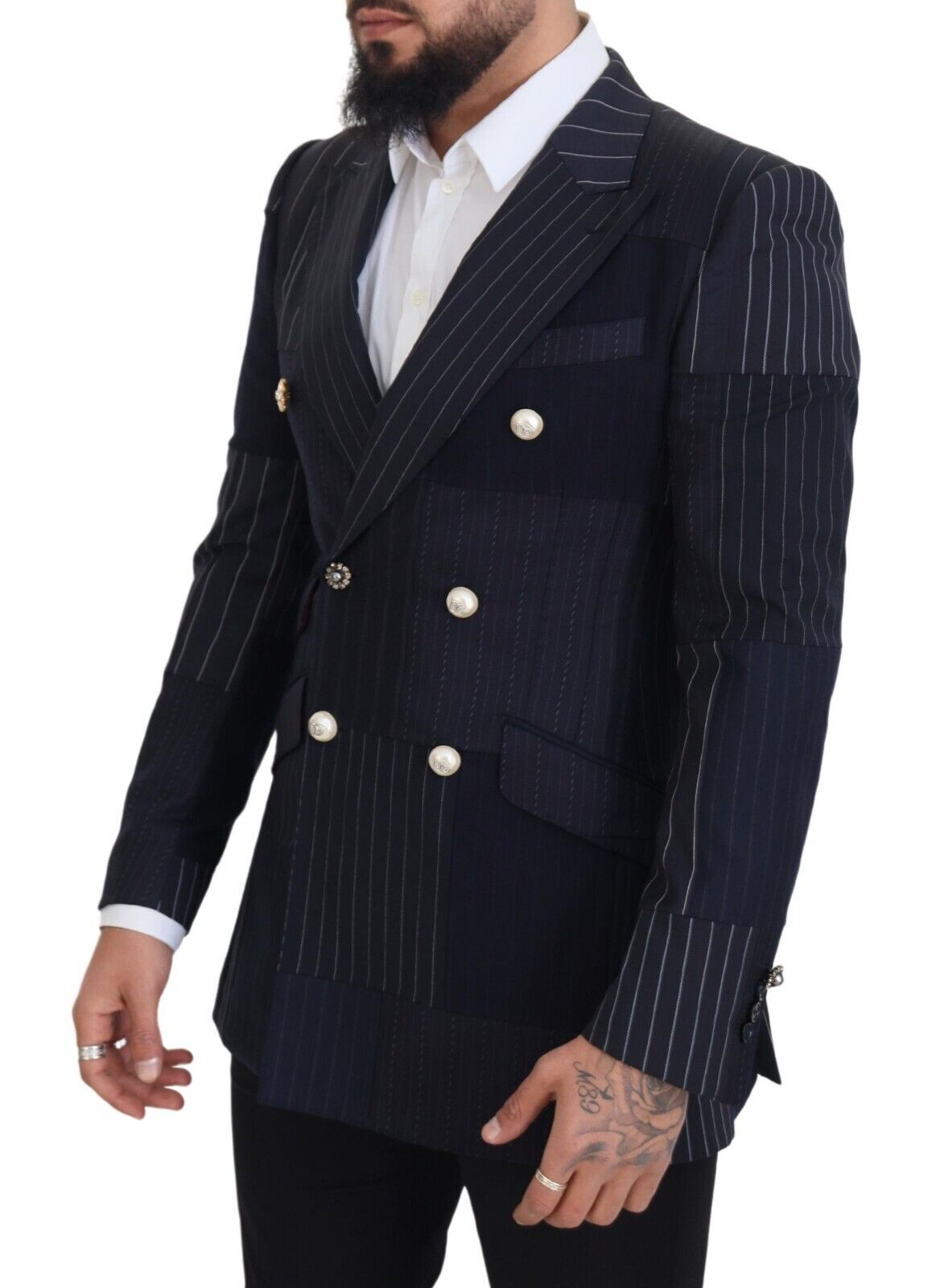 Dolce & Gabbana Blue Wool Patchwork Double Breasted Blazer