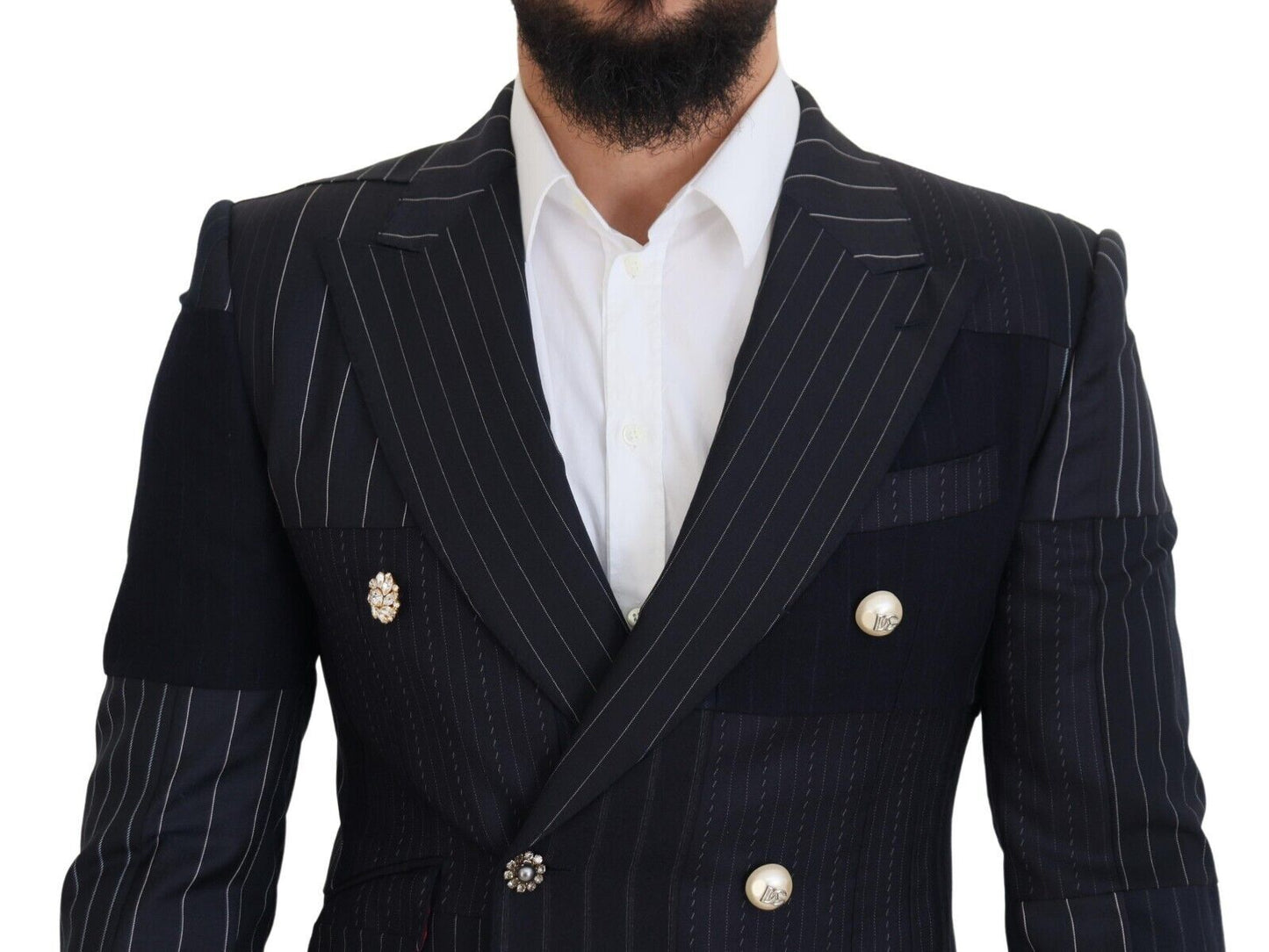 Dolce & Gabbana Blue Wool Patchwork Double Breasted Blazer