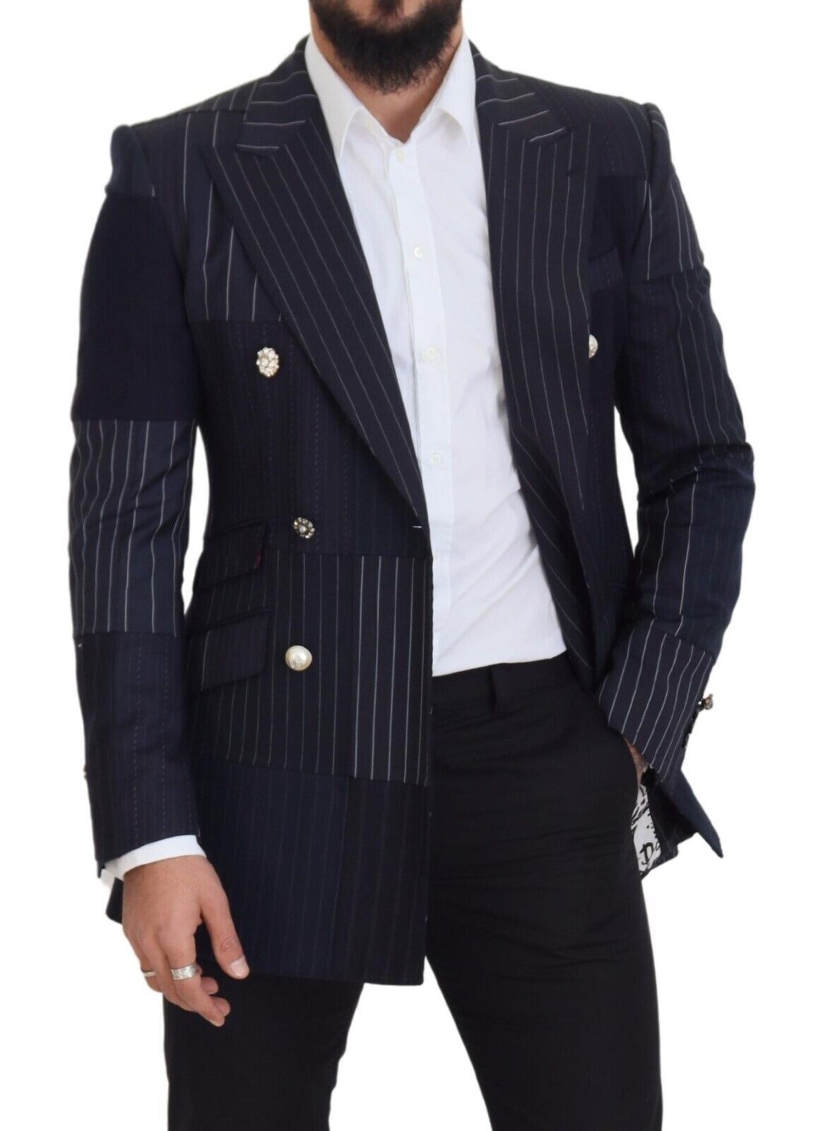 Dolce & Gabbana Blue Wool Patchwork Double Breasted Blazer