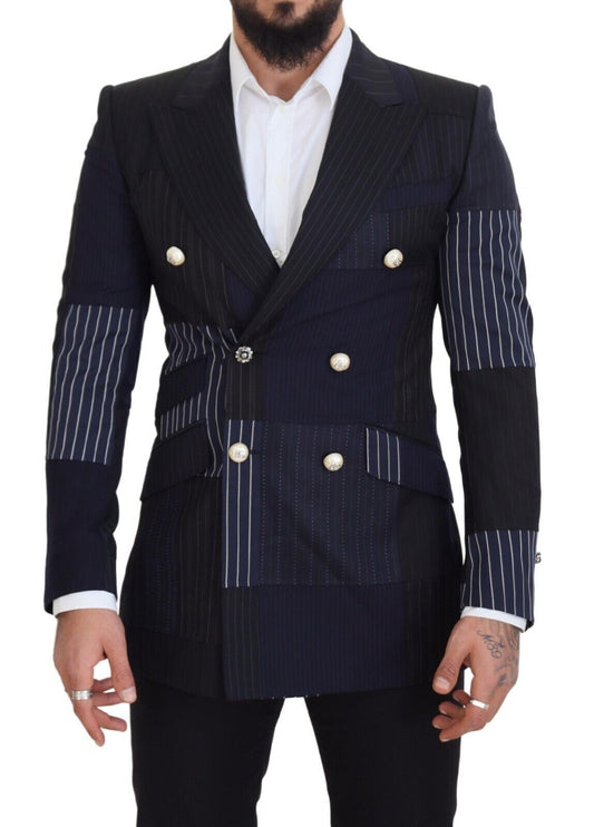 Dolce & Gabbana Blue Wool Patchwork Double Breasted Blazer