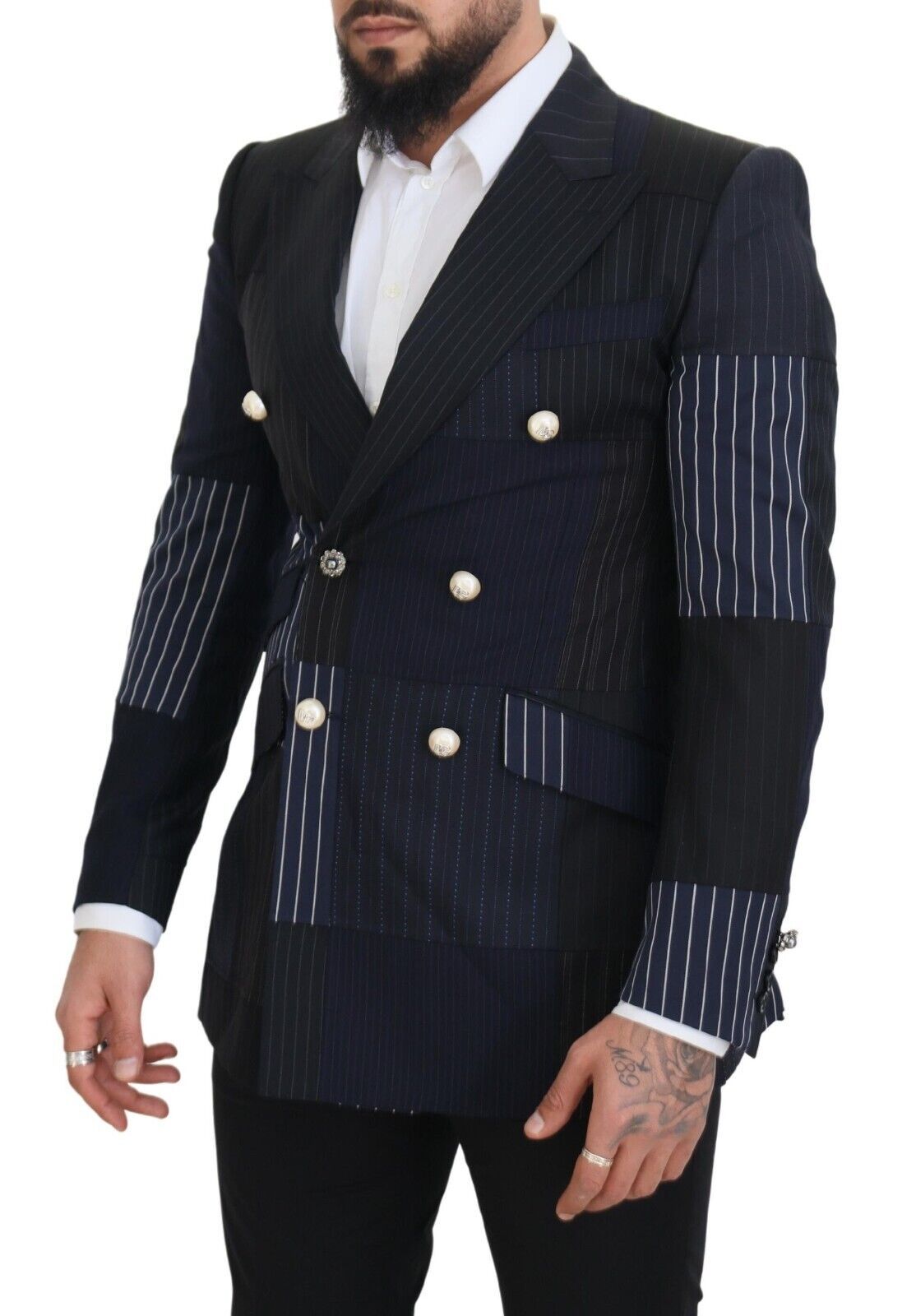 Dolce & Gabbana Blue Wool Patchwork Double Breasted Blazer