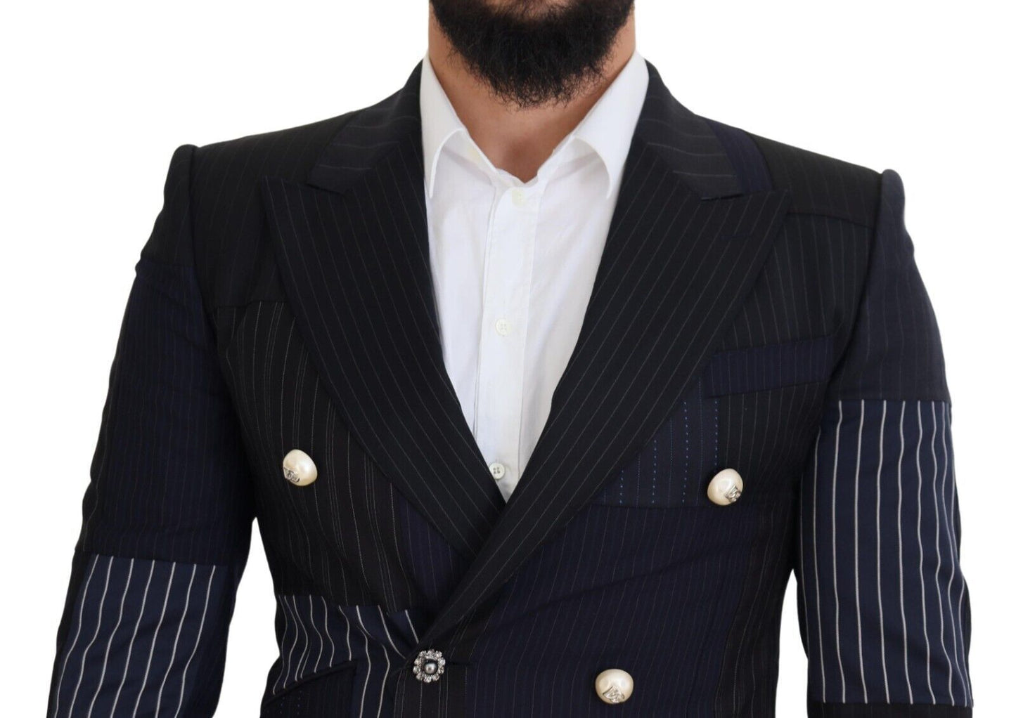 Dolce & Gabbana Blue Wool Patchwork Double Breasted Blazer