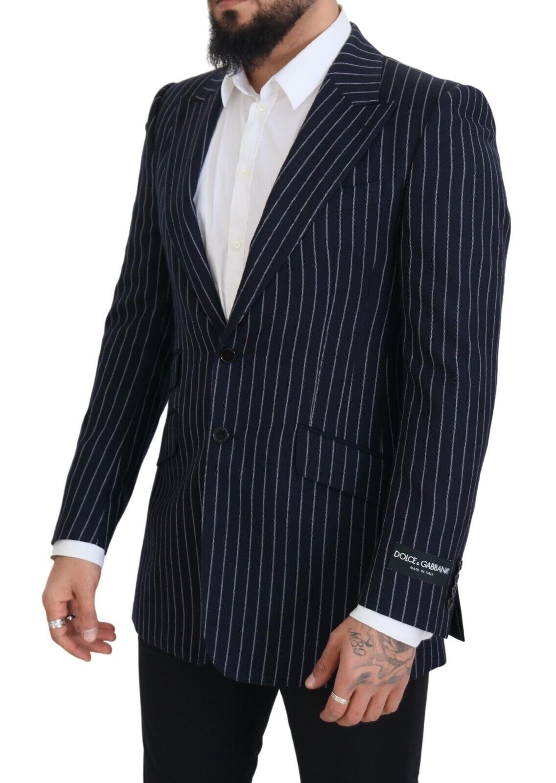 Dolce & Gabbana Dark Blue Stripe Wool Single Breasted Blazer