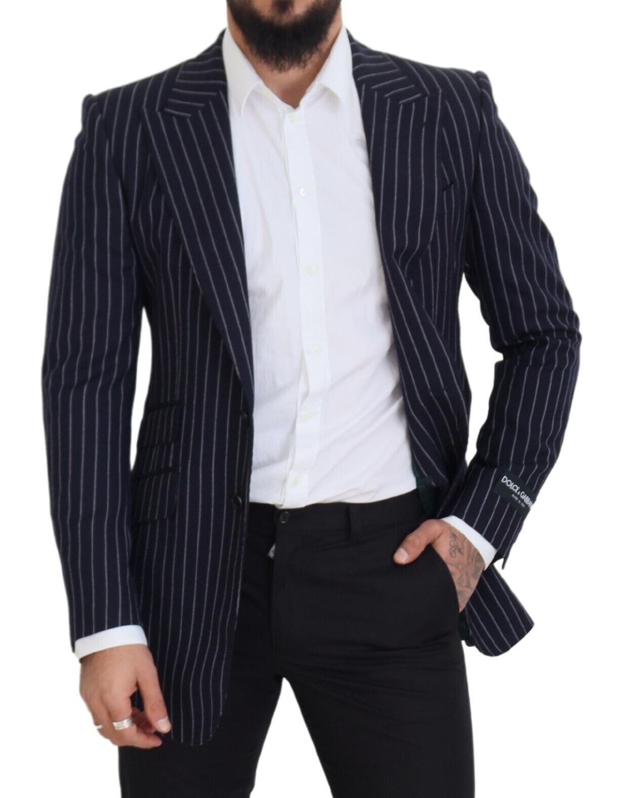 Dolce & Gabbana Dark Blue Stripe Wool Single Breasted Blazer