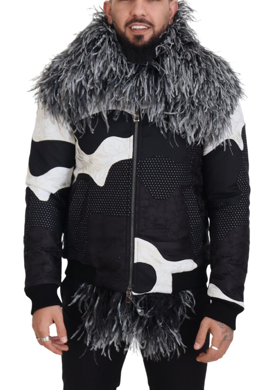 Dolce & Gabbana Black White Fur Shearling Full Zip Jacket