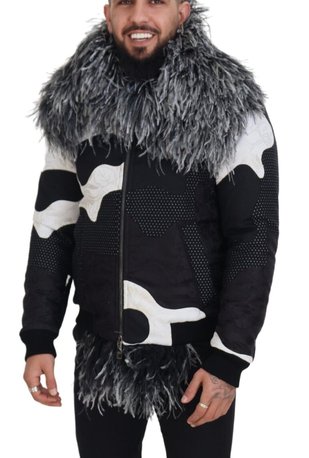 Dolce & Gabbana Black White Fur Shearling Full Zip Jacket