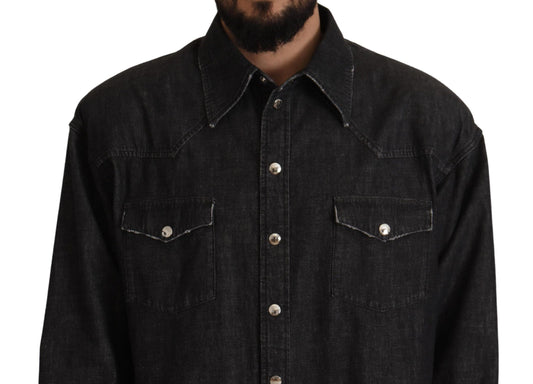 Dolce & Gabbana Gray Cotton Stretch Button Down Denim Shirt