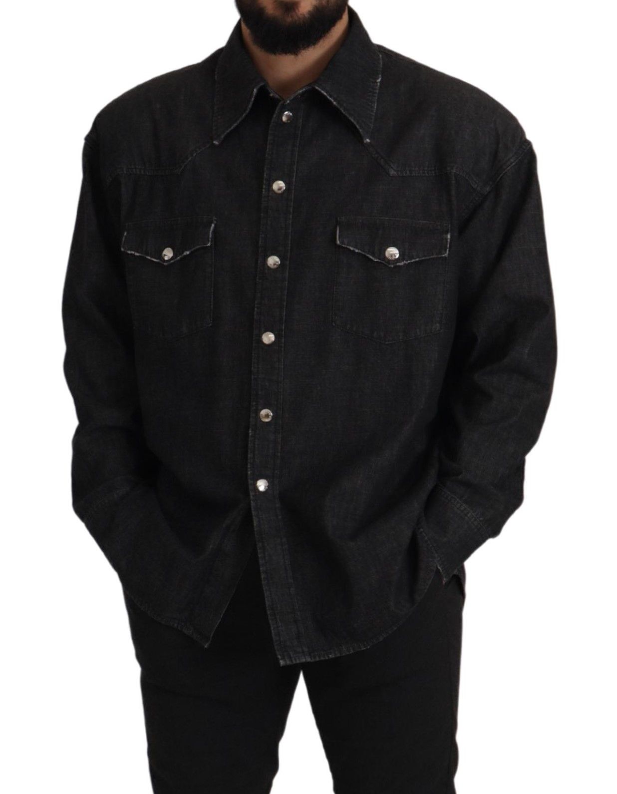 Dolce & Gabbana Gray Cotton Stretch Button Down Denim Shirt