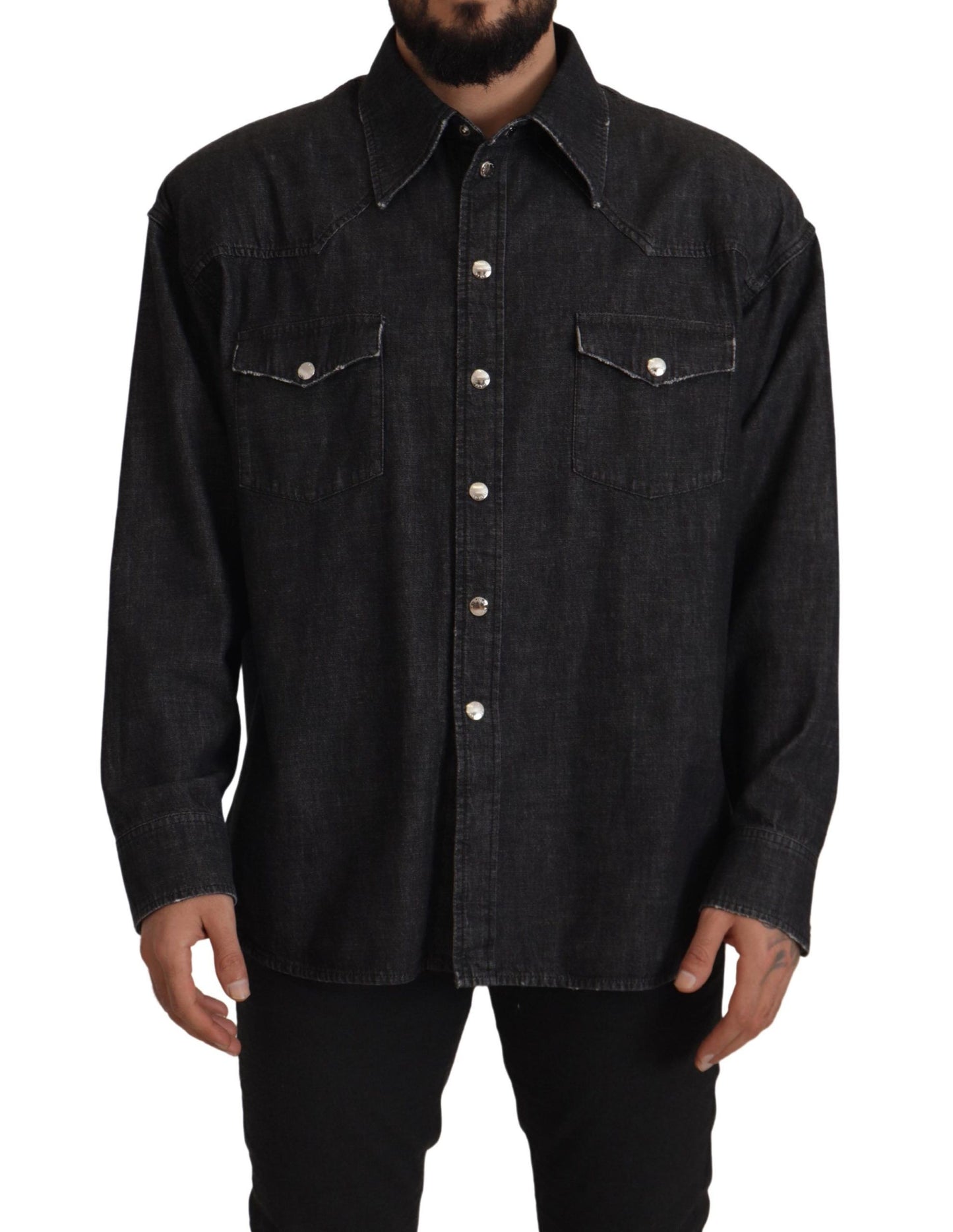 Dolce & Gabbana Gray Cotton Stretch Button Down Denim Shirt