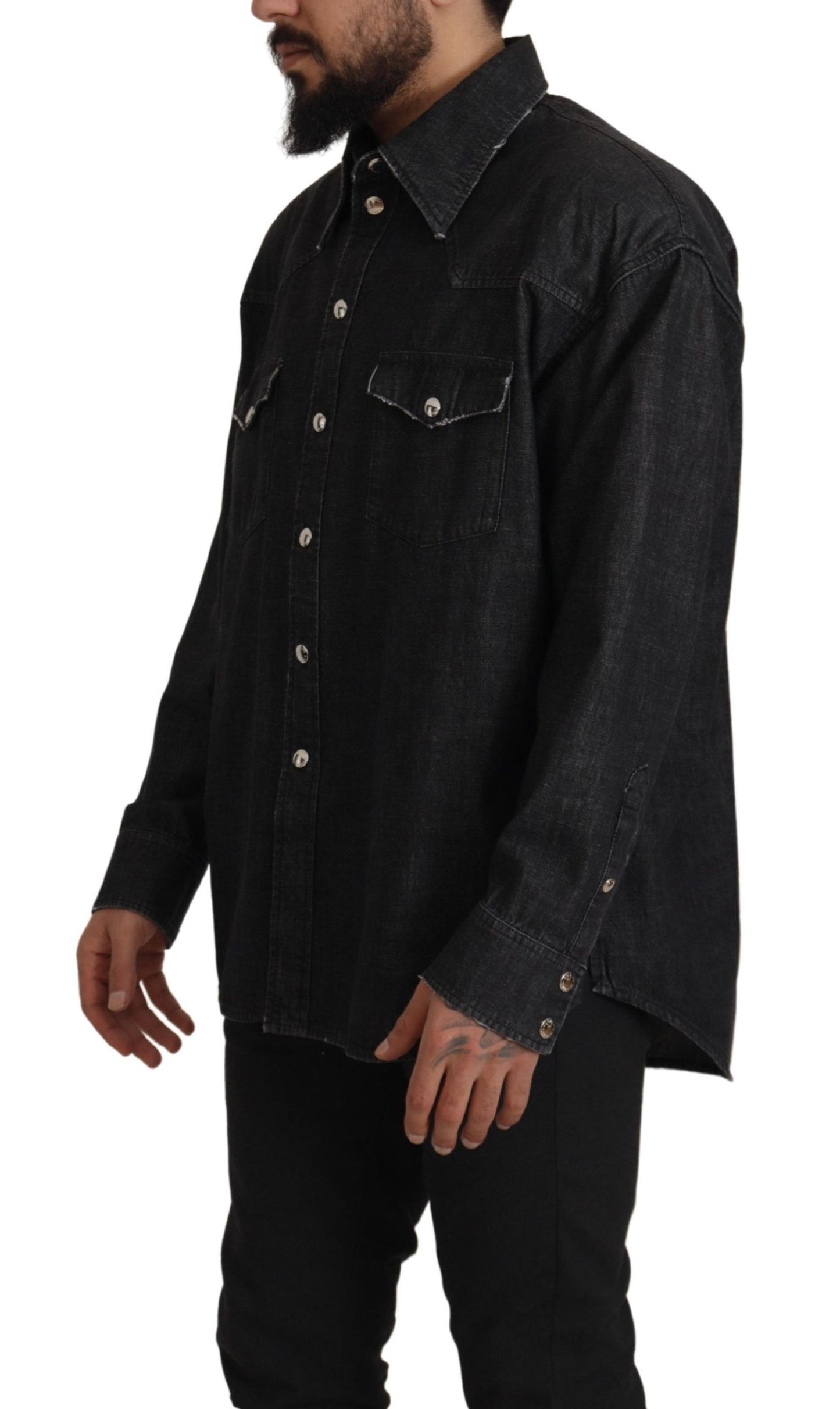 Dolce & Gabbana Gray Cotton Stretch Button Down Denim Shirt