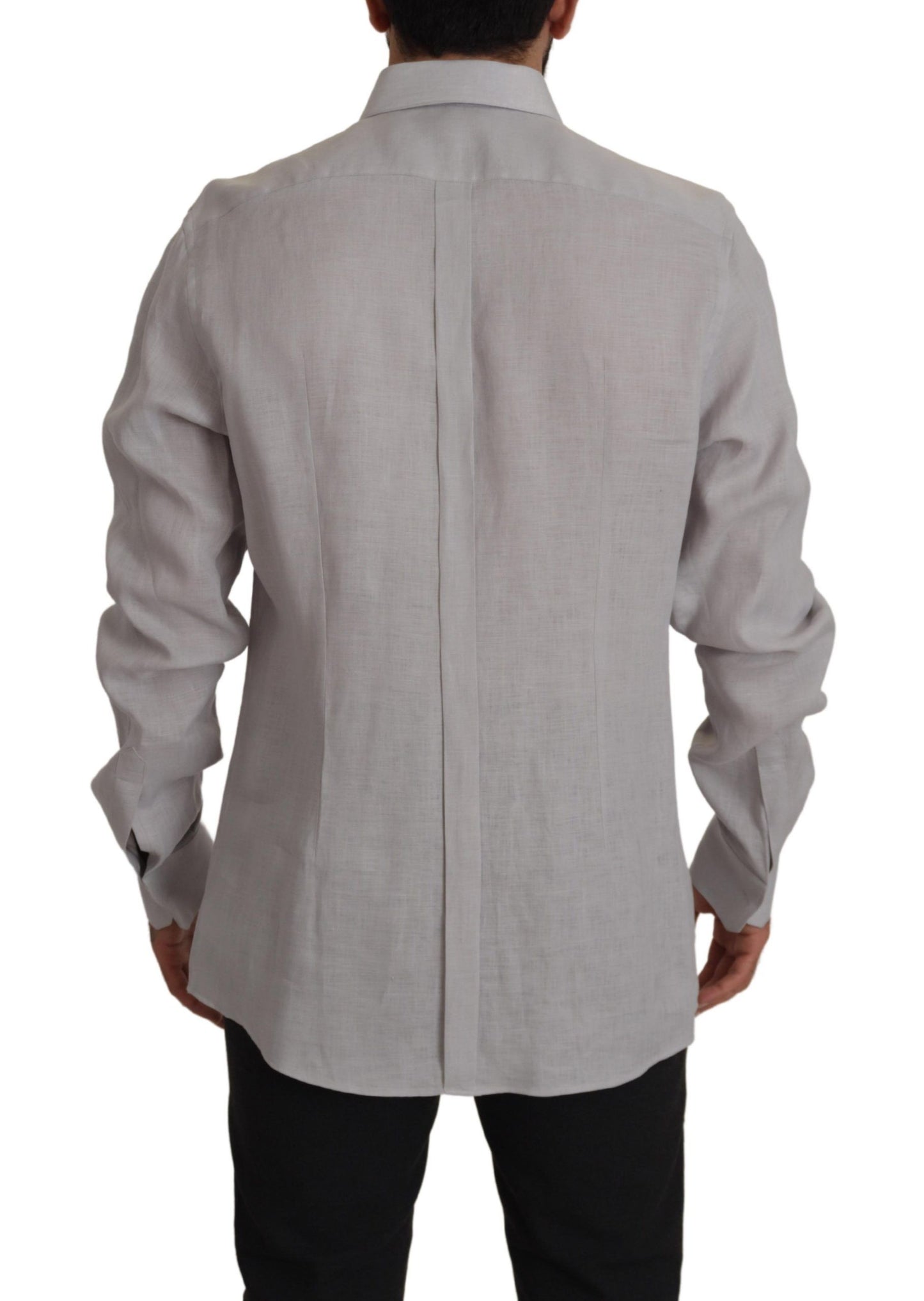 Dolce & Gabbana Gray Linen Long Sleeves Formal GOLD Shirt