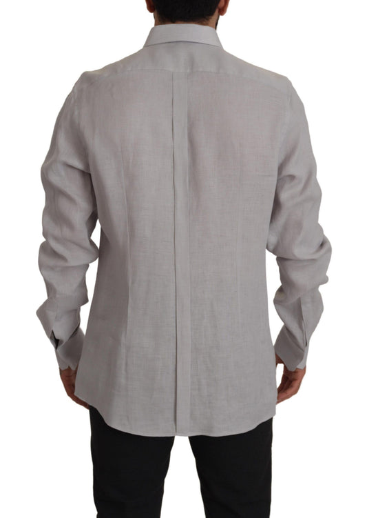 Dolce & Gabbana Gray Linen Long Sleeves Formal GOLD Shirt