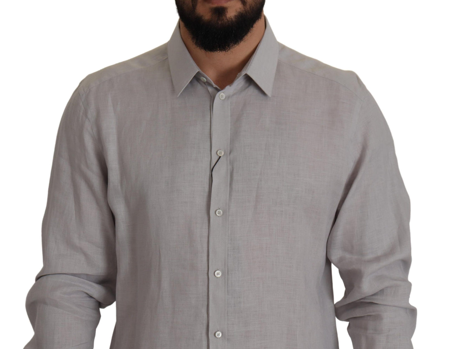 Dolce & Gabbana Gray Linen Long Sleeves Formal GOLD Shirt