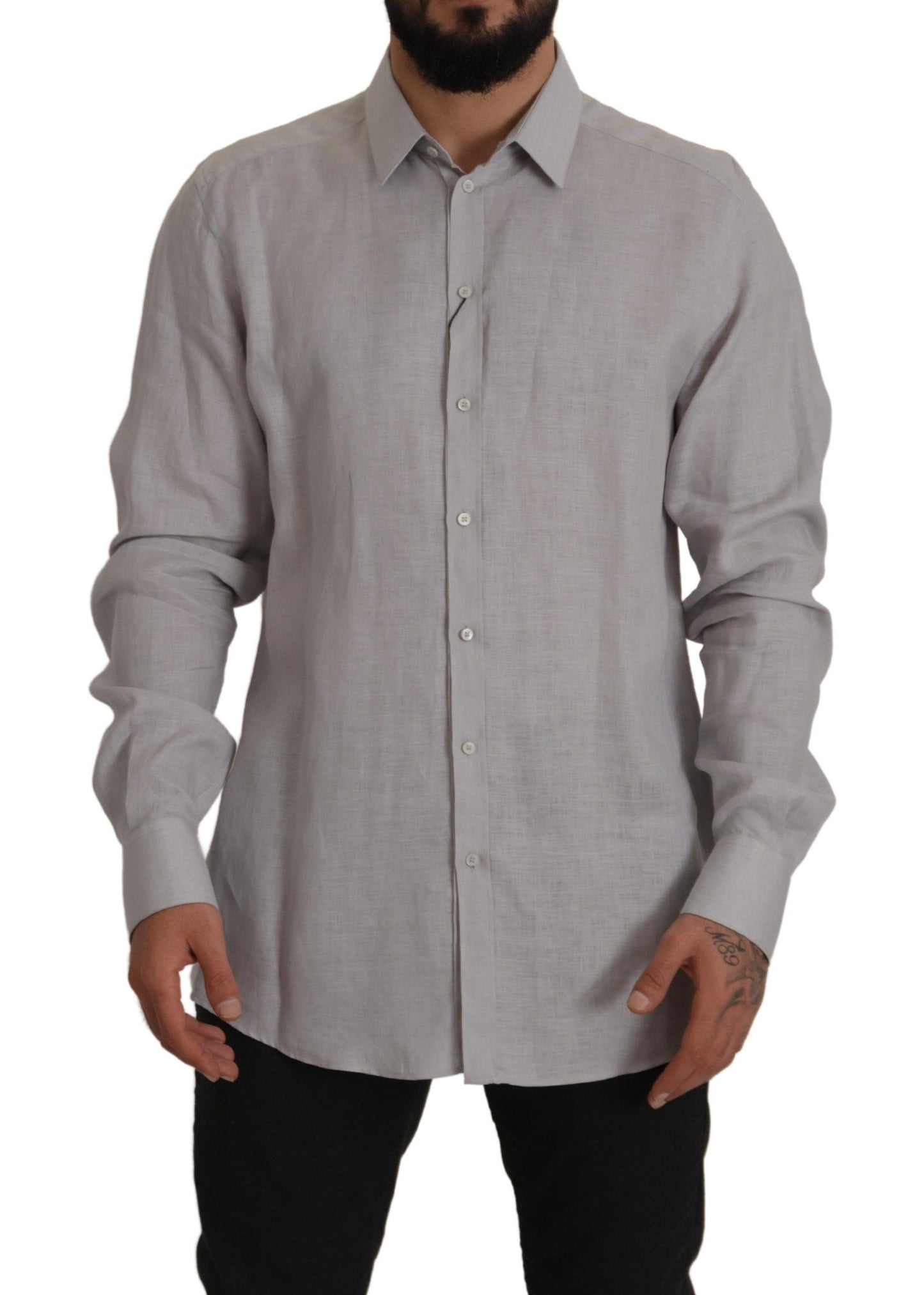 Dolce & Gabbana Gray Linen Long Sleeves Formal GOLD Shirt