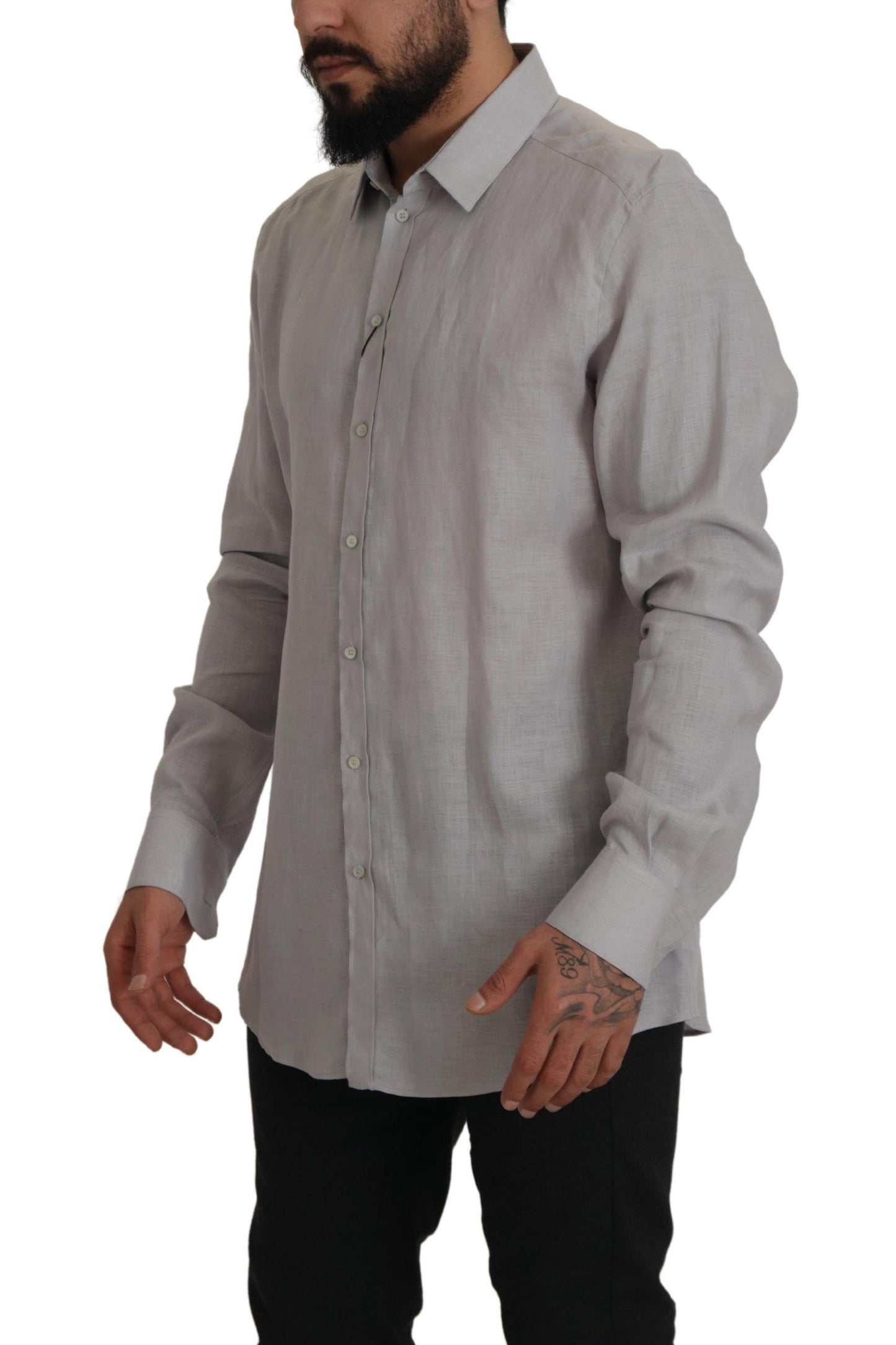 Dolce & Gabbana Gray Linen Long Sleeves Formal GOLD Shirt