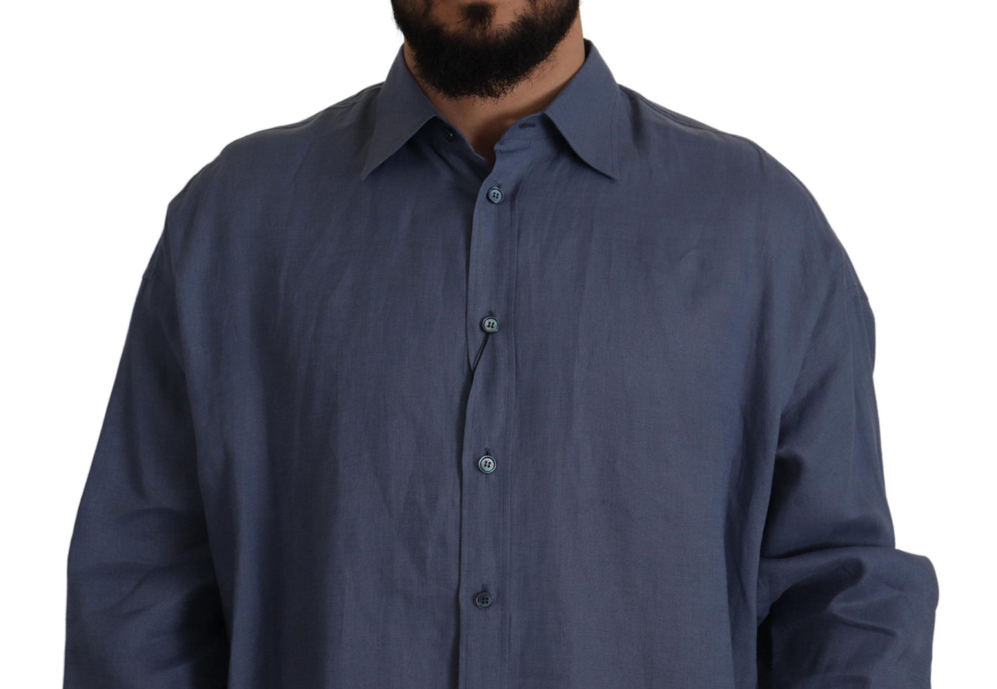 Dolce & Gabbana Dark Blue Linen Slim Fit Dress Formal Men Shirt