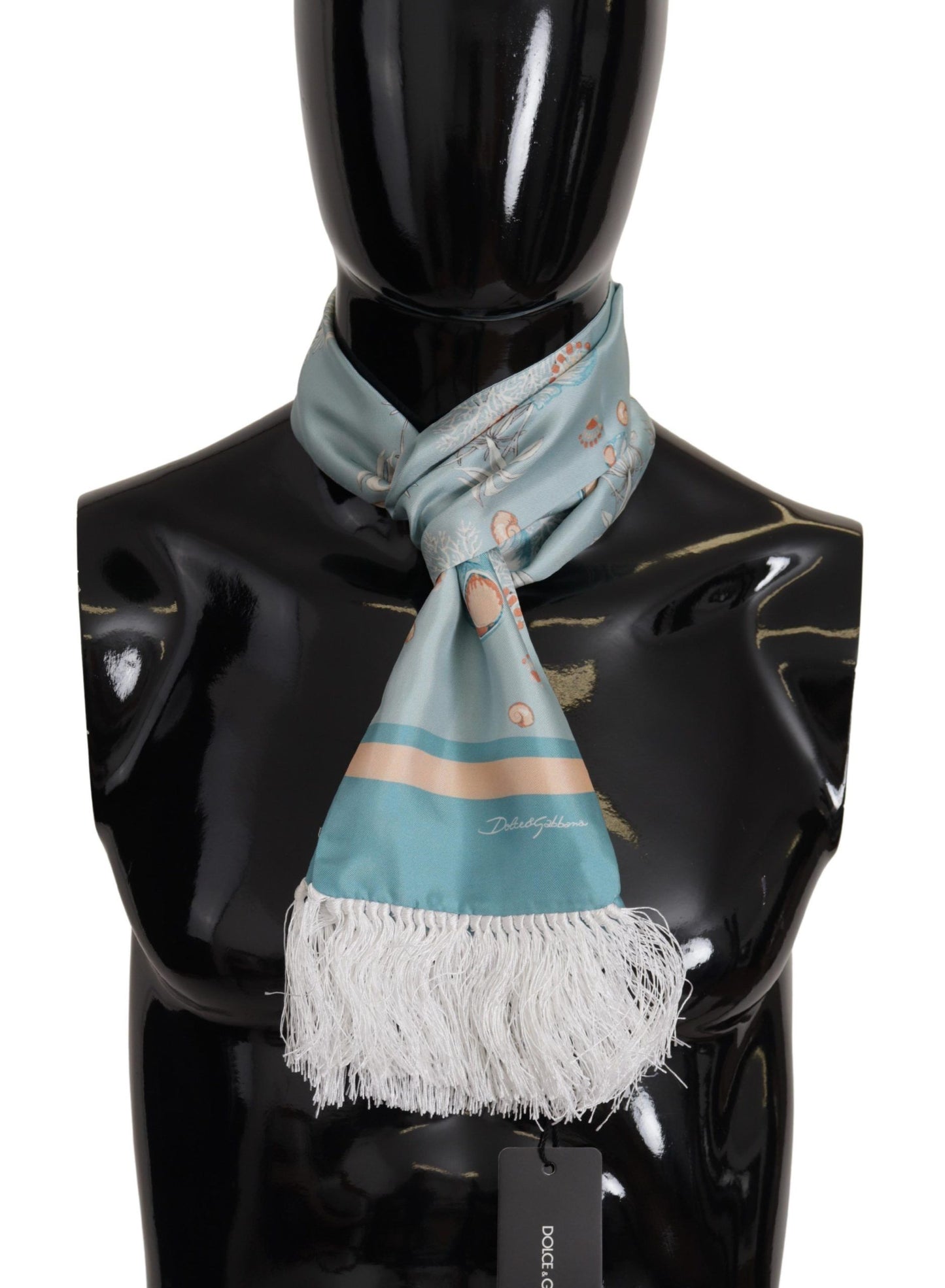 Dolce & Gabbana Blue Silk Shiny Shell-Print Neck Wrap Fringed Scarf