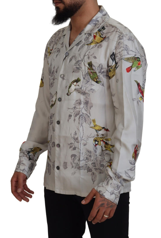 Dolce & Gabbana White Bird Print Silk Satin Casual Shirt