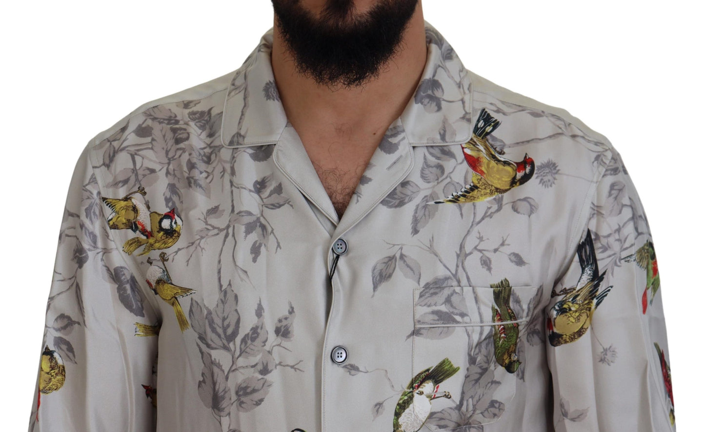 Dolce & Gabbana White Bird Print Silk Satin Casual Shirt