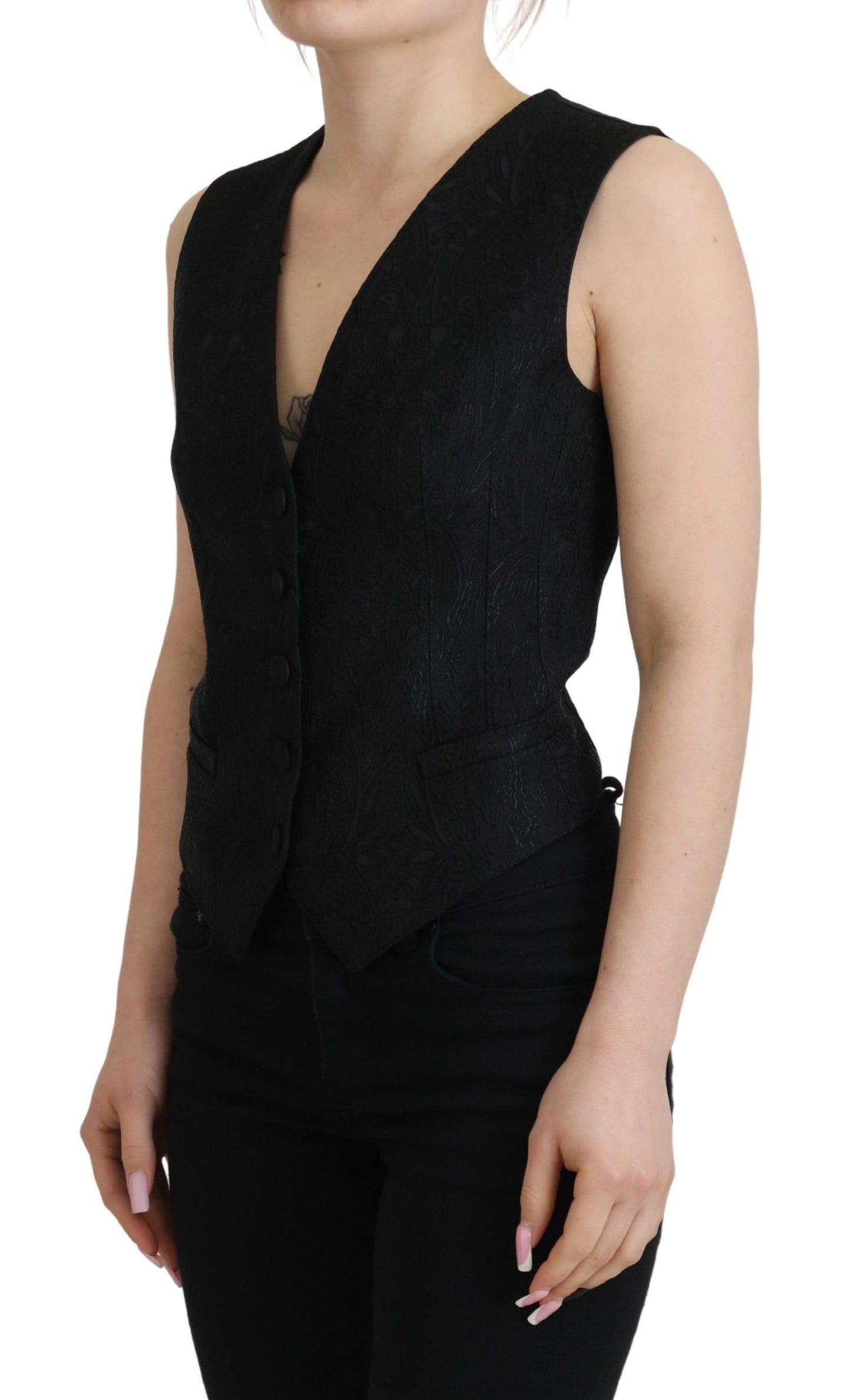 Dolce & Gabbana Black Brocade Button Down Sleeveless Vest Top