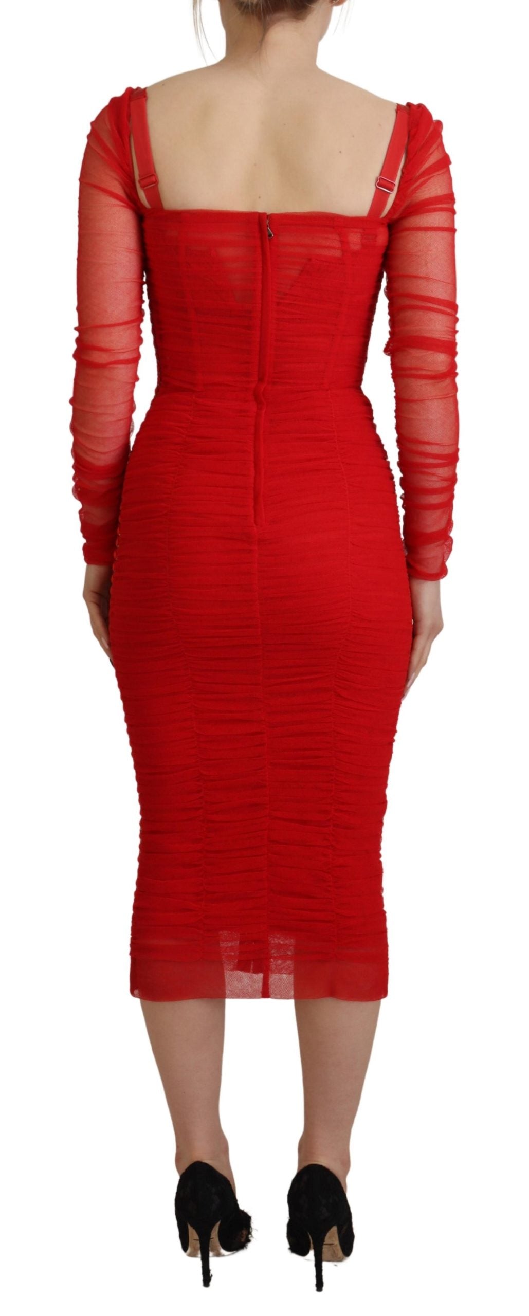 Dolce & Gabbana Red Mesh Trim Bodycon Sheath Midi Dress