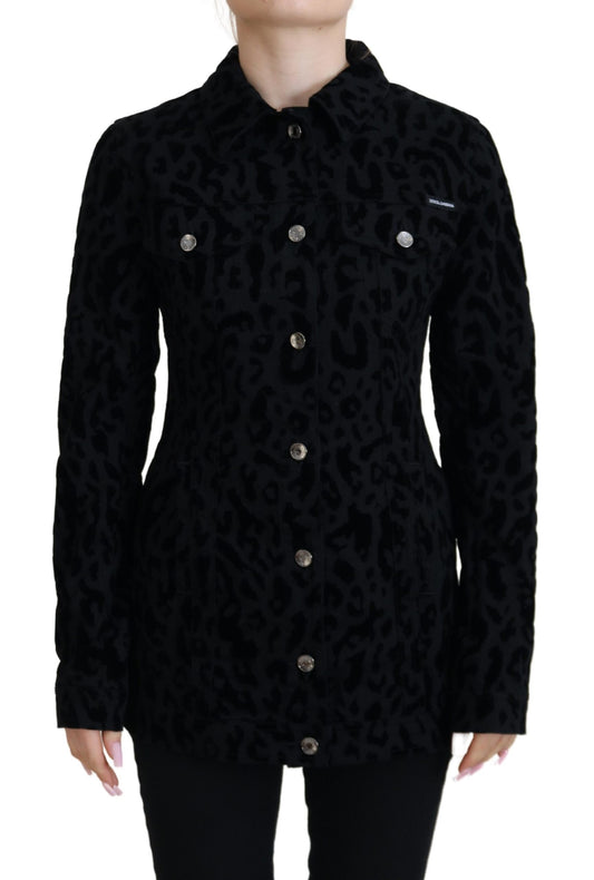 Dolce & Gabbana Black Leopard Fitted Long Denim Jacket